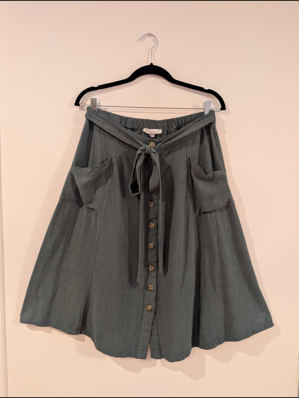 Button-Front A-Line Skirt with Tie Waist - Slate Green
